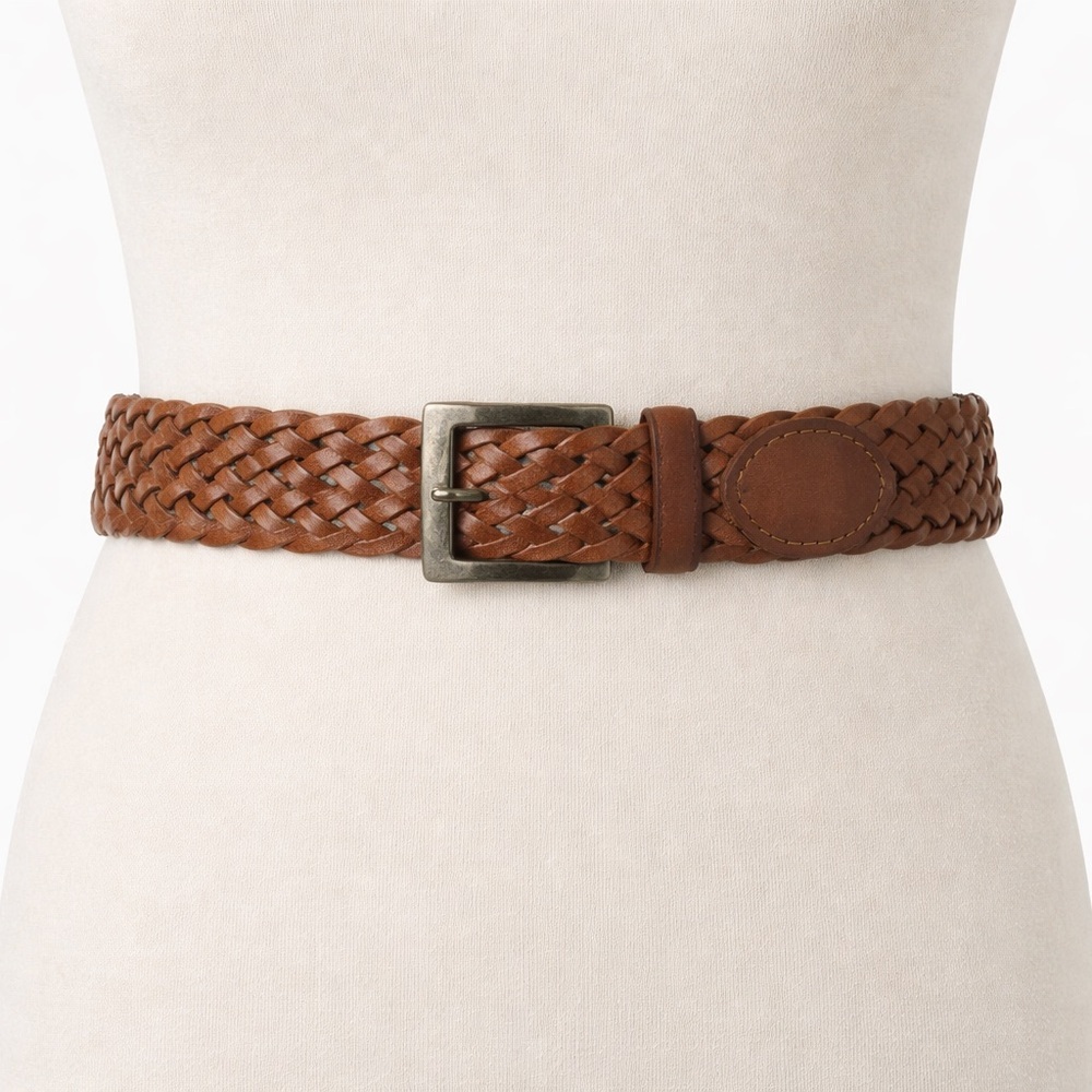 Braided Genuine Leather Belt Brown Wide Woven Boho Size Medium
